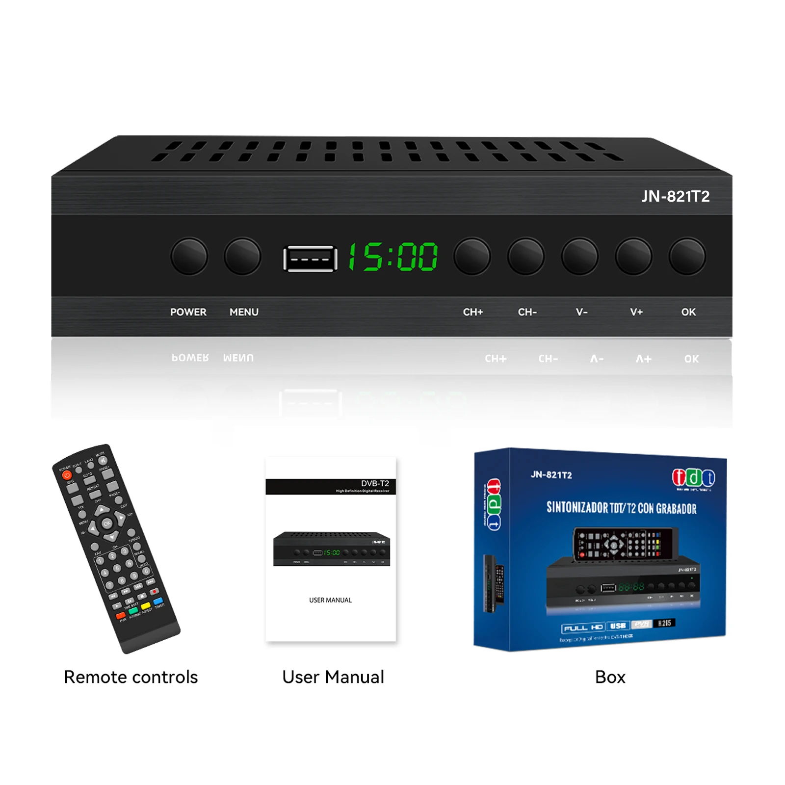 JN-821T2 스마트 TV 박스 핫 스페인 TDT HD 디코더 DVB-T2 H.265 1080P 풀 HD 지상파 수신기 고화질 용 TV 수신기