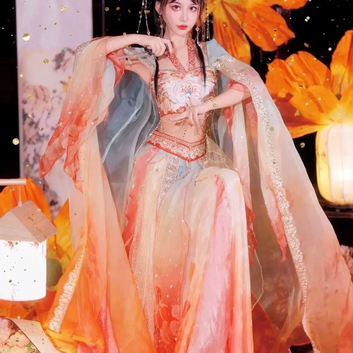 2025 Hanfu Red Silk Koi Fish Exotic Charm Flying Indian Goddess Strapless Hezi Skirt Traveling Shooting Classical Dress view 3