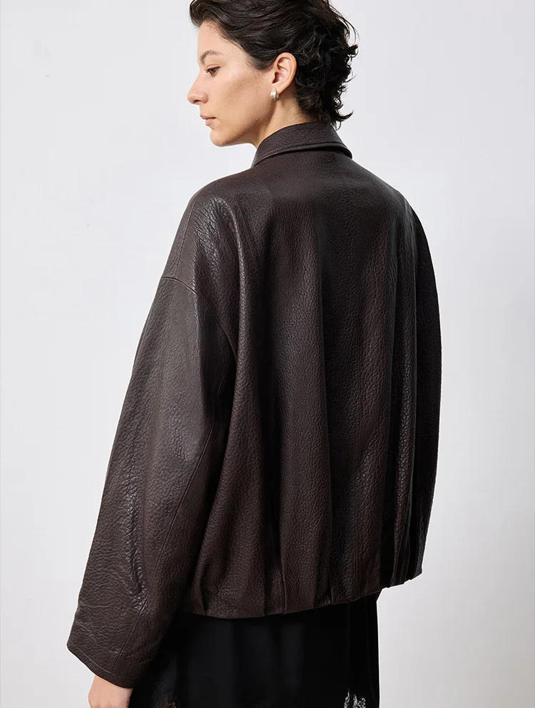 女性のルーズフィットショートジャケットコート秋冬ラムスキンナチュラルテクスチャフォームレザーシープスキン暖かいカジュアルアウターウェア