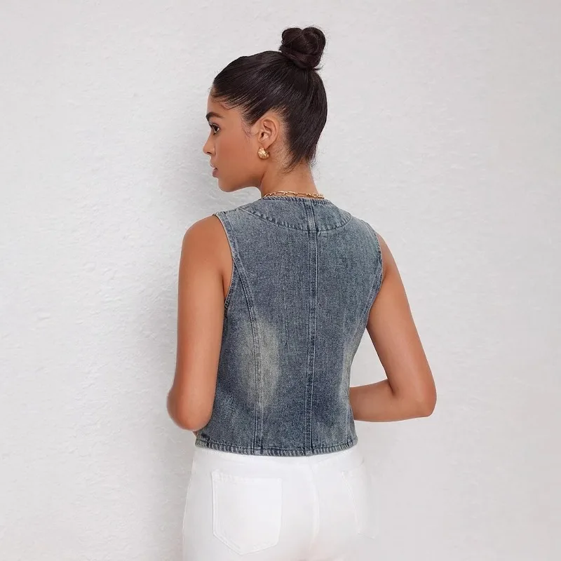 2026 Summer Popular New Women's Denim Vest Jackets Single Breasted V-neck Slim Wash Blue Vintage Short Sleeveless Waitcoat Tops
