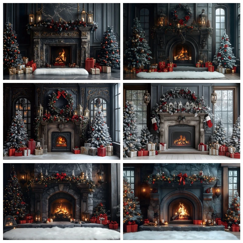 

Black Wall Fireplace Christmas Photography Backdrop Tree Gift Family Party Decor Baby Photo Photographic Background Studio Shoot