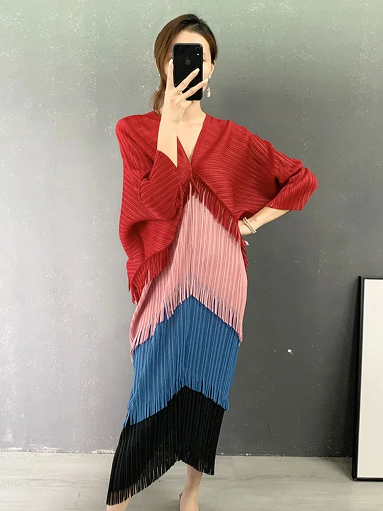 Tassel Patchwok Color Block Dress For Women Pleated Batwing Sleeve Mid-calf Dresses Fashion Female 2025 Summer 2N789