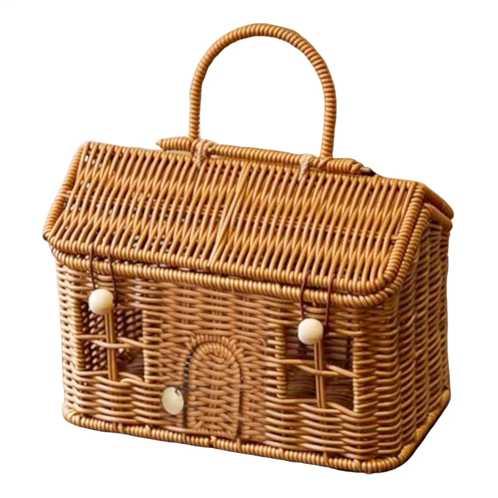 House Shaped Storage Case Vintage Imitation Rattan Basket With Lid Hand Woven Shelf Organizer For Dining Table Camping Pantry