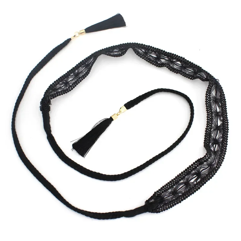 New Women Woven Tassel Belt Braided Waistband Boho Girls Thin Waist Rope Knitted Waist Belts for Dress Waistbands Accessories