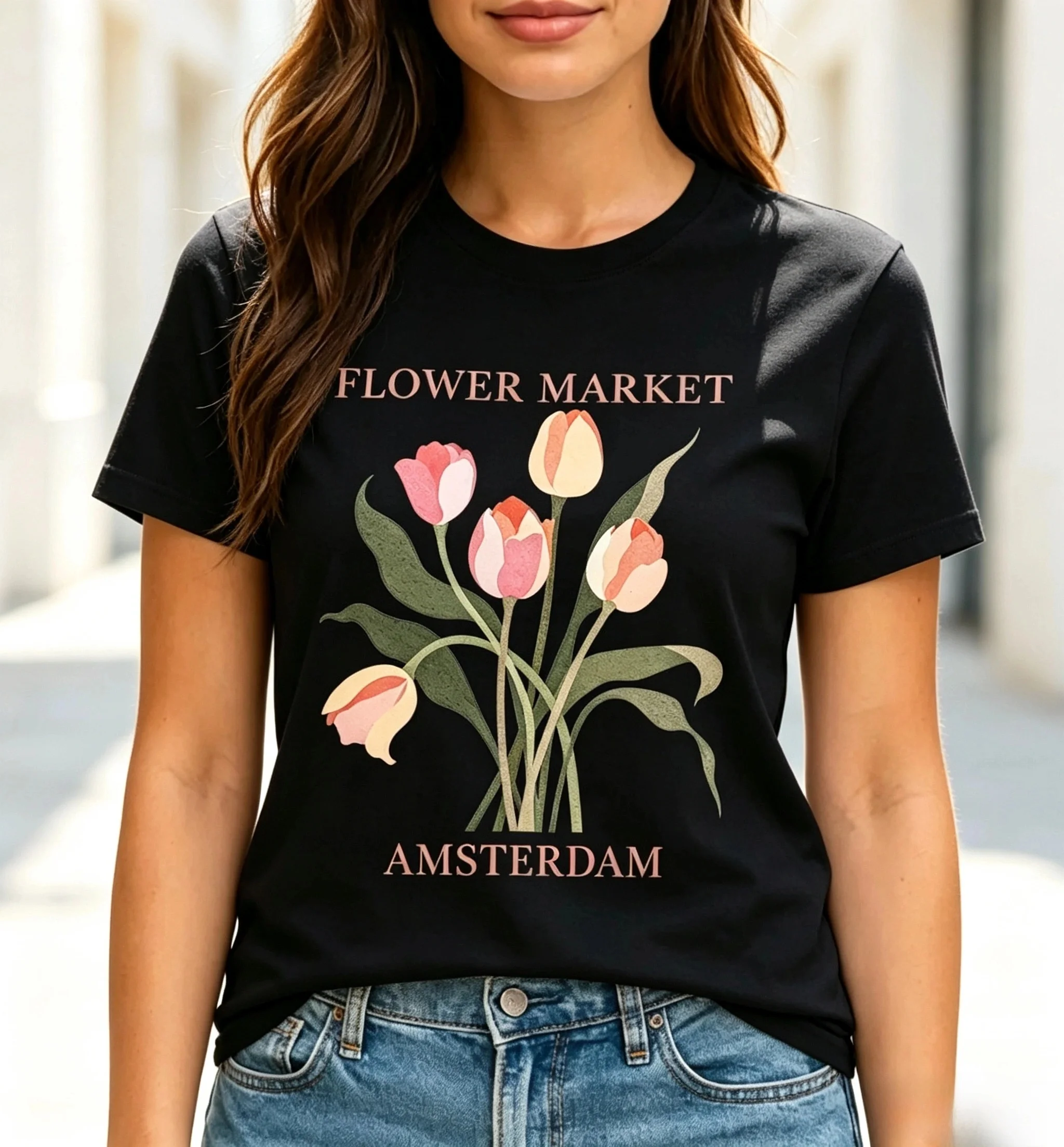 Women's Amsterdam Flower Market Tulip Graphic T‑Shirt, Retro Botanical Floral Bouquet Text Print Casual Short Sleeve Tops