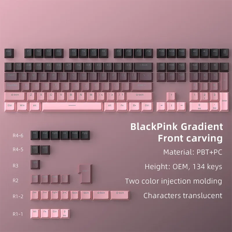 

GEFENSI BlackPink Gradient Front Carving OEM Height 134 Key Two Color Injection Molding Characters Translucent PBT And PC Mater