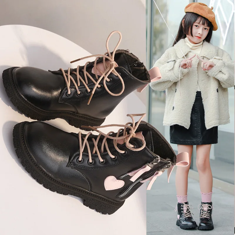 2024 Prinzessin Lederstiefel Schnur neue Kinder Winter schwarz Plüsch warme Stiefel für Mädchen Party Casual Fashion Schuhe 27-37