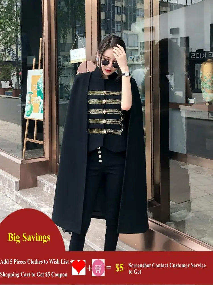 Embroidery Buttons Black Shawl Cape Women British Style Cloak Sleeve Military Elegant Long Work Party Wool Poncho Coat 2023