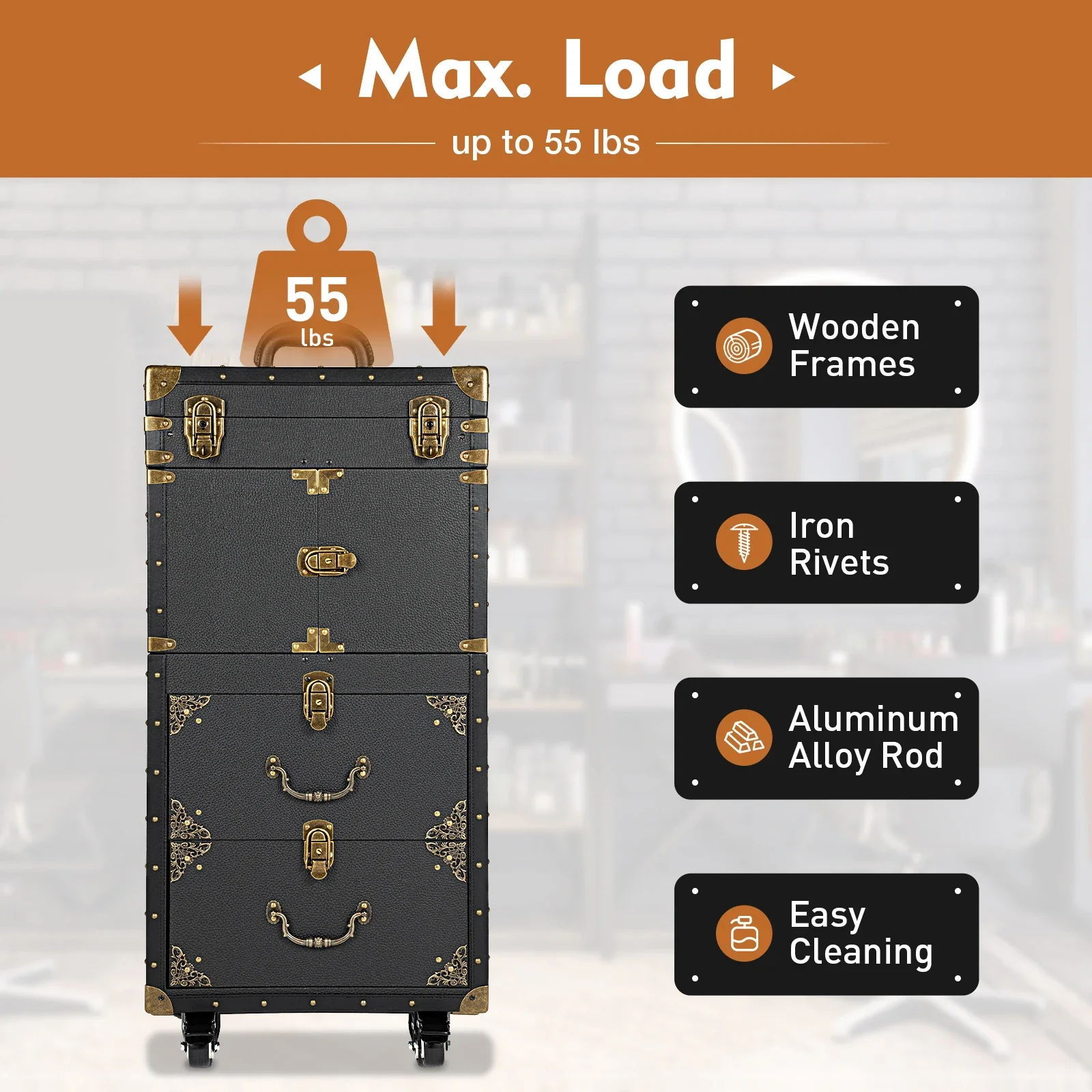 Caja de herramientas de salón de belleza con varilla de tracción Retro, carrito de maquillaje con cerradura, carrito auxiliar, carrito de peluquería con ruedas