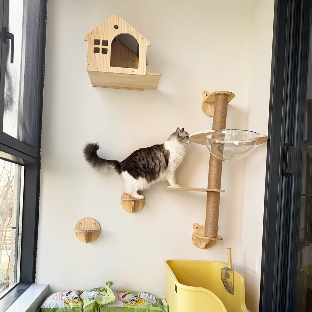رف جداري للقطط مثبت على الحائط مكون من 3 قطع، سلم تسلق خشبي، رف سلم سلم مثبت على الحائط مناسب للقطط للتسلق