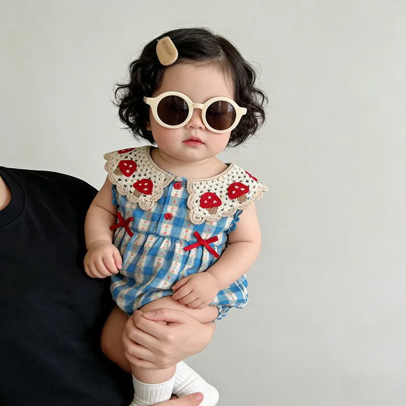 Cute Baby Girl Romper 0-2Years Newborn Princess Sleeveless Mushroom Collar Striped Bow Bodysuit Outfits Summer Clothes