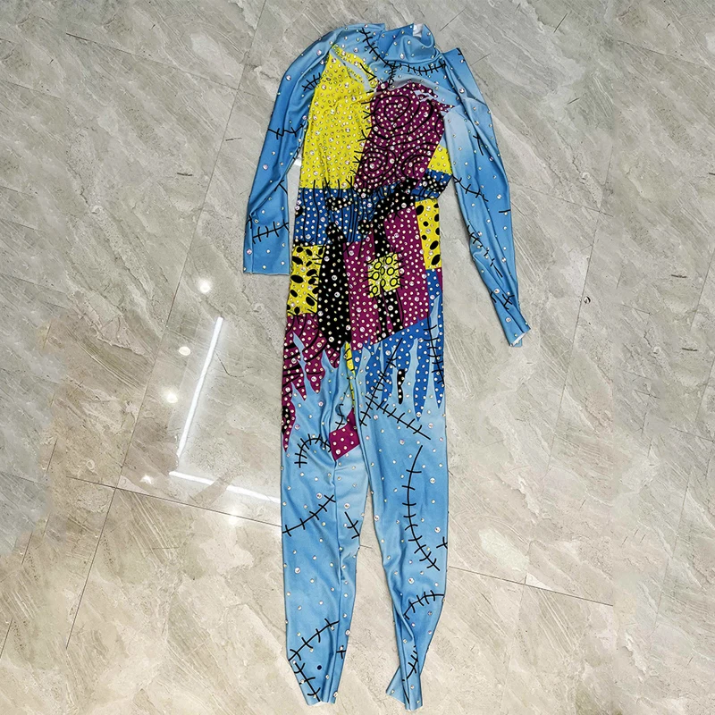 Full Rhinestones Colorful Graffiti Jumpsuit Women Jazz Gogo Dance Costume Bar Nightclub Ds Dj Party Stage Festival Wear XS7358