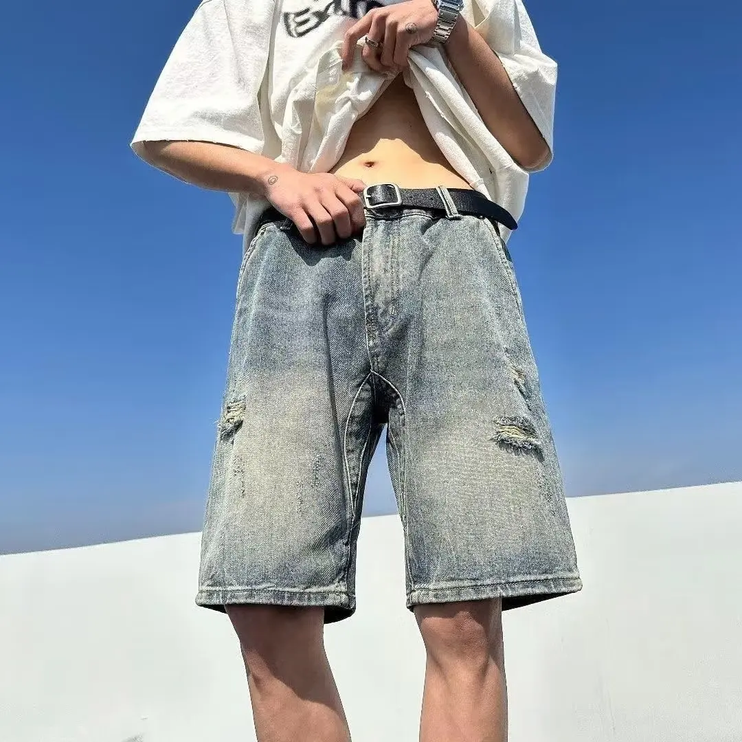 

Summer Thin Men's Denim Shorts Vintage Loose Straight Leg Five-Quarter Length Casual Fashionable Streetwear High Waist Zipper...