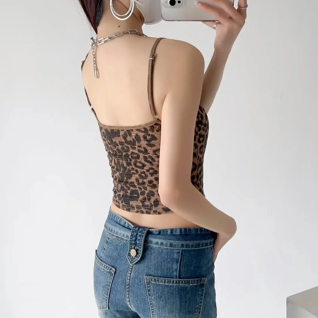 Frauen Leibchen Leopard Print Crop Tops Vintage Y2k Sommer Mode Streetwear Tank Top Weibliche Sexy Ärmel Off Schulter Weste