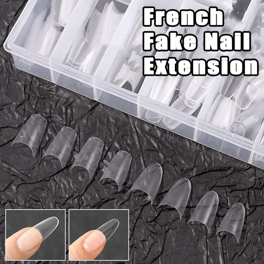 Half Cover French False Nails Long Coffin Shaped with Guiding Line Scaled False Full Nail Tips with Storage Case Manicure Tool