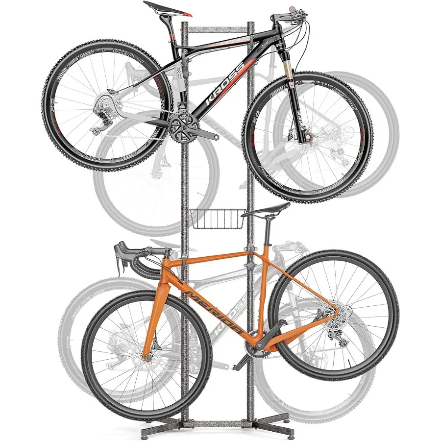 

2-/4-Bike Storage Rack with Basket - Indoor Bike Rack for Garage/Apartment - Road Mountain and Hybrid Bike Garage Home