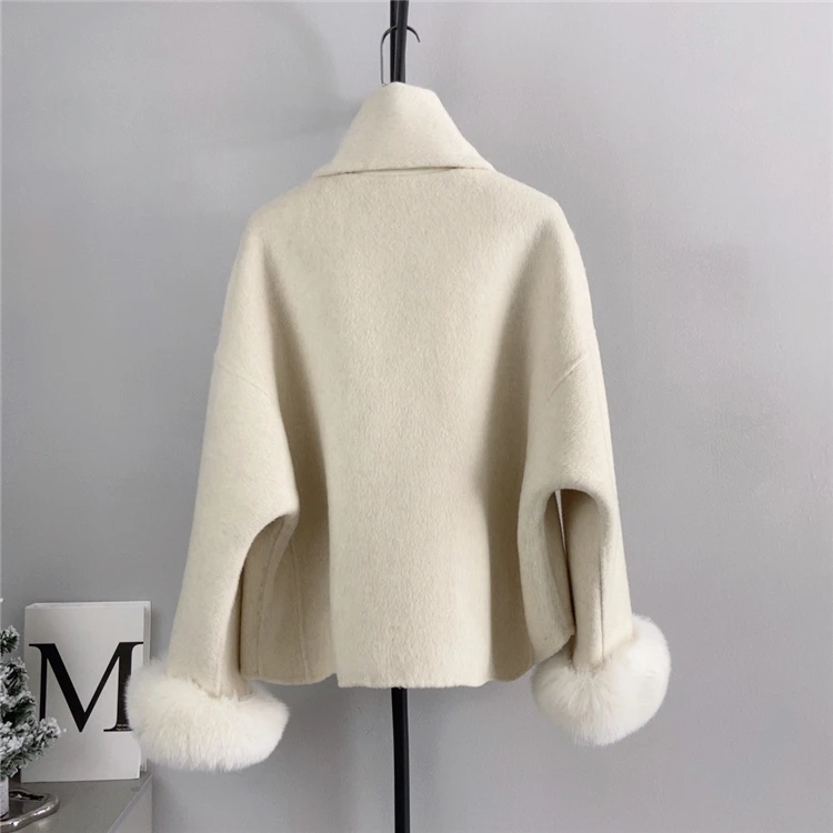 2024 New Women Cashmere Wool Woolen Jacket Luxury Real Natural Fox Fur Collar Coat Ladies Winter Outwear Coat