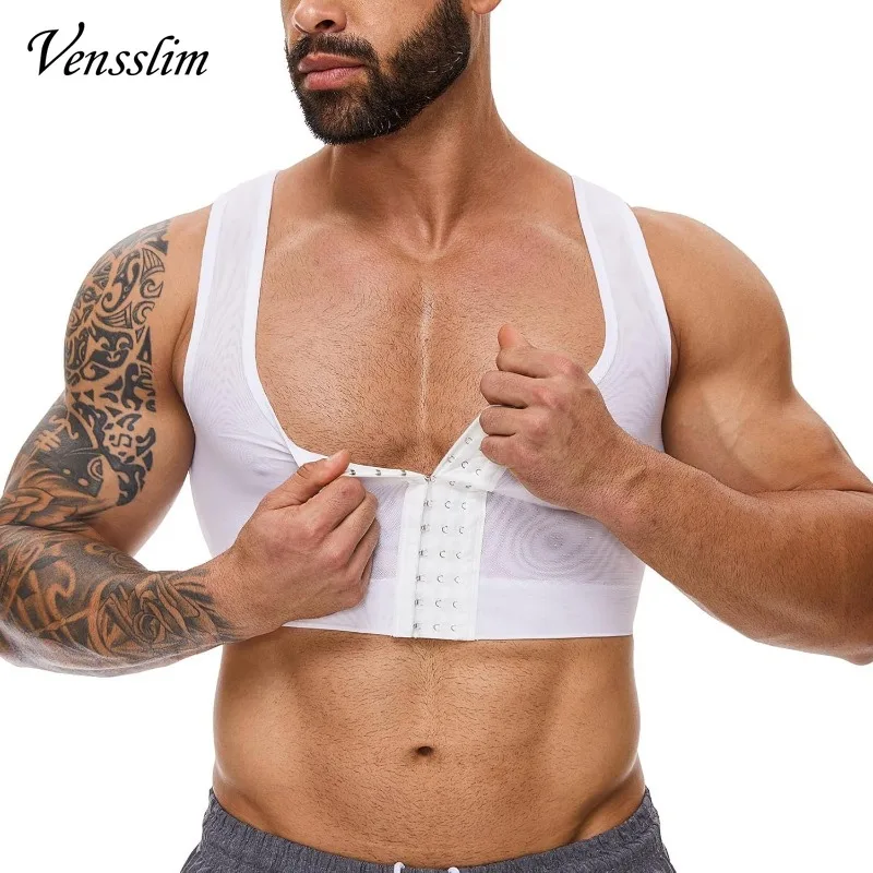 Vensslim Men Gynecomastia Compression Body Shaper Corset Chest Binder Slimming Vest Tops Shapewear Hooks Firm Push Up Undershirt