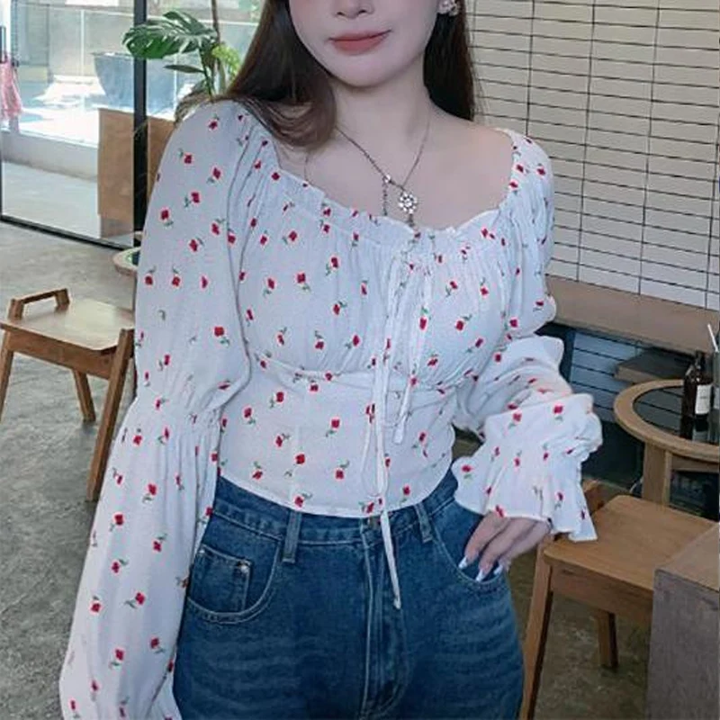 Spring Summer Floral Printing Fashion Lantern Sleeve Blouse Women High Street Casual Lacing Pleated Elegant All-match Pullovers