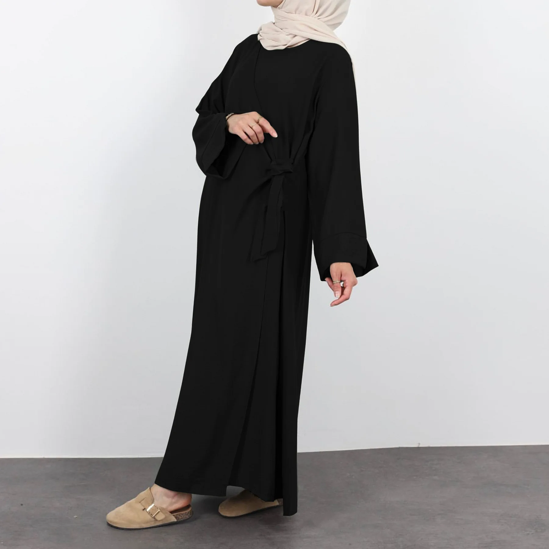 Wrap Tie Abaya Women Muslim Dress Wide Sleeves Split Cuffs Islamic Clothing Casual Dubai Turkish Gown Modesty Ramadan Summer