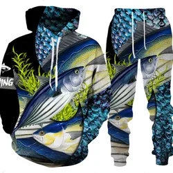 Four Season 3D Carp Fishing Hunting Camo Printed Men's Hoodie Pants Tracksuit Set Sportswear Long Sleeve Men Clothes Hoodie/Suit