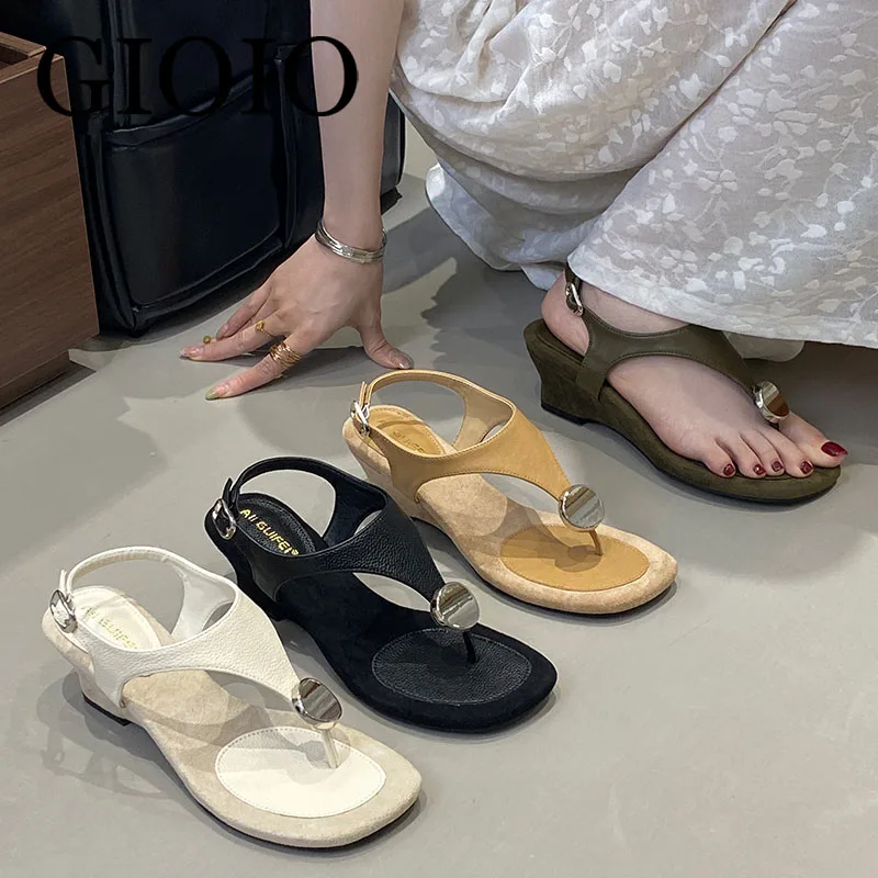 

GIOIO New 2026 Fashion Metal Elegant Women Sandals Flip Flops Black Wedges Shoes Female Ankle Strap Ladies Heels Sandals Shoes