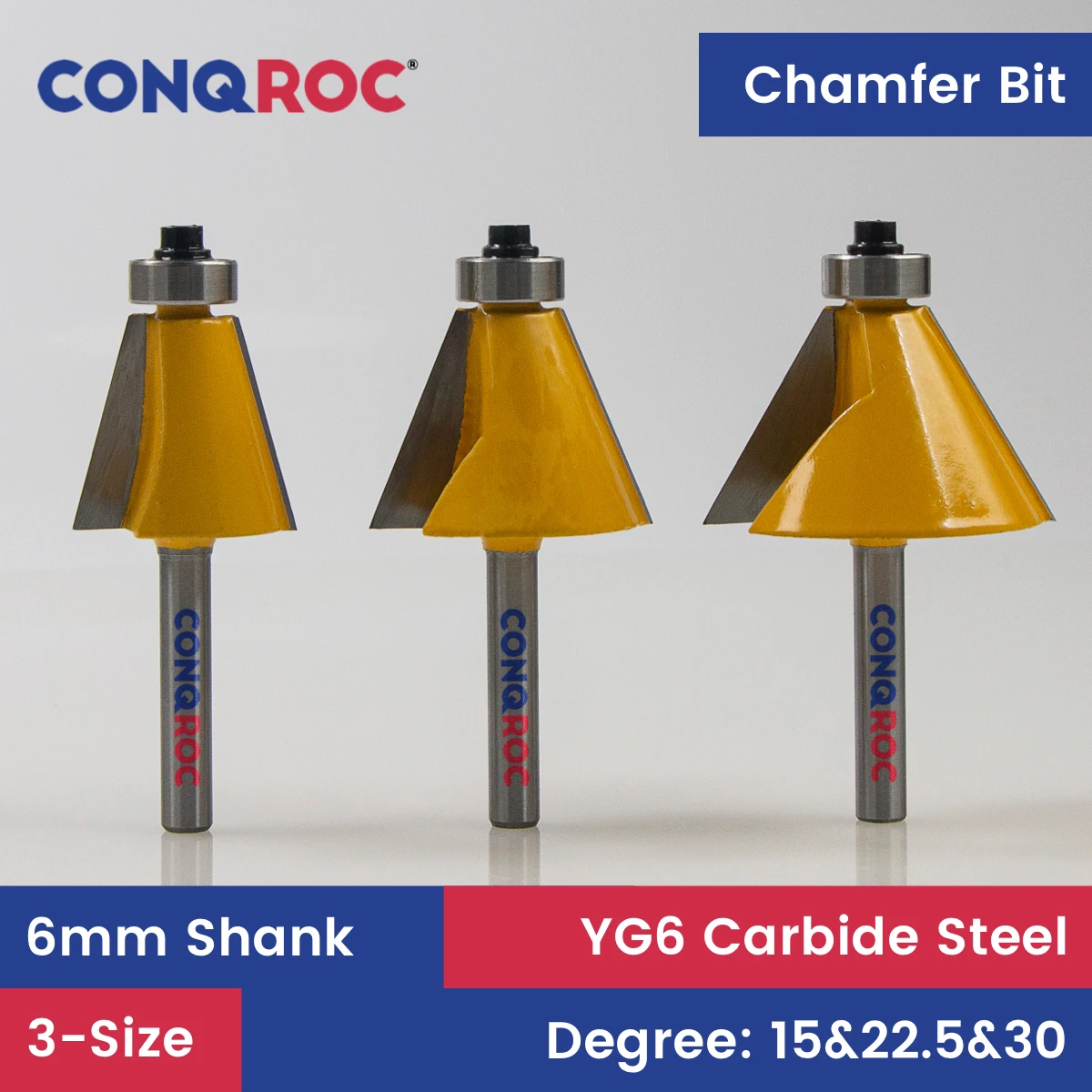 6mm Shank Chamfer Router Bit 3-Size Degree-15&22.5&30 Wood Edge Trim Milling Cutters Kit with Bearing