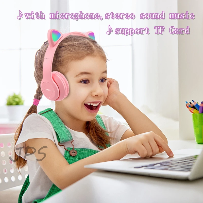 Auriculares inalámbricos con orejas de gato y micrófono para niños, cascos de graves estéreo con luz brillante de diente azul, auriculares para juegos de PC y teléfono, regalos para niñas