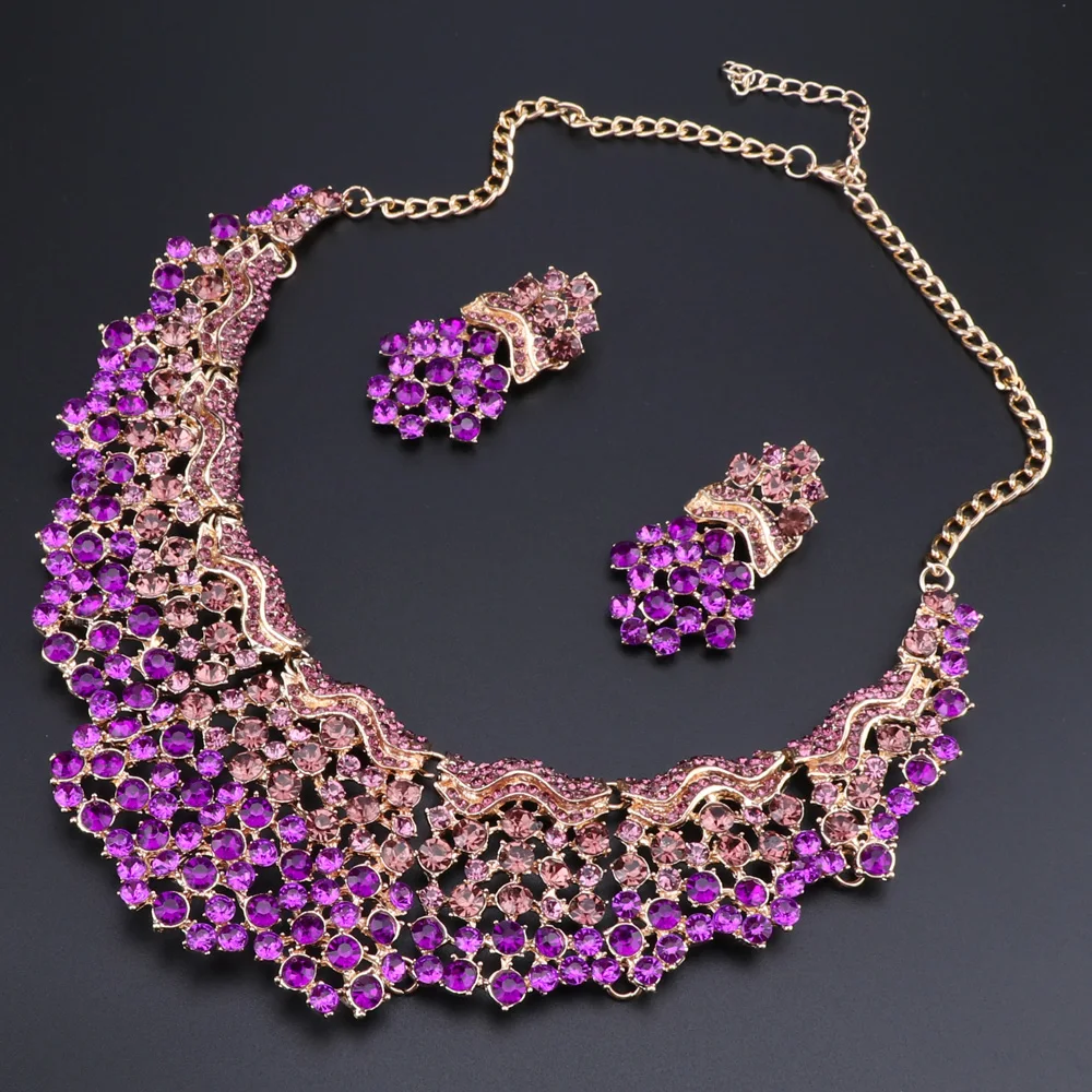 Luxury Purple Jewelry Sets for Women Prom Rhinestone Choker Necklace Earrings Set for Bride Wedding Costume Jewelry Accessories