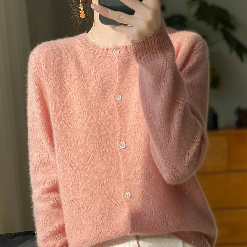 

100% Pure Wool Cardigan For Women's O-Neck Hollow Out Tops Casual Knit Loose Fitting Korean Version Female Cashmere Jacket