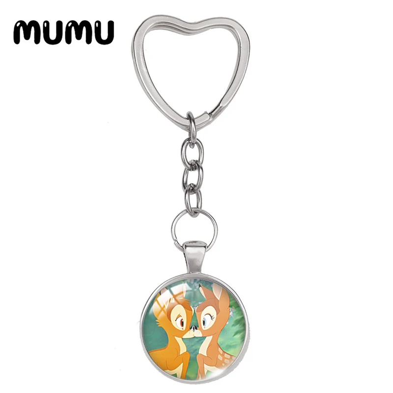 2024 New Bambi with Friends Heart Keyring Funny Keychain Glass Dome Cabochon Jewelry Gifts Children