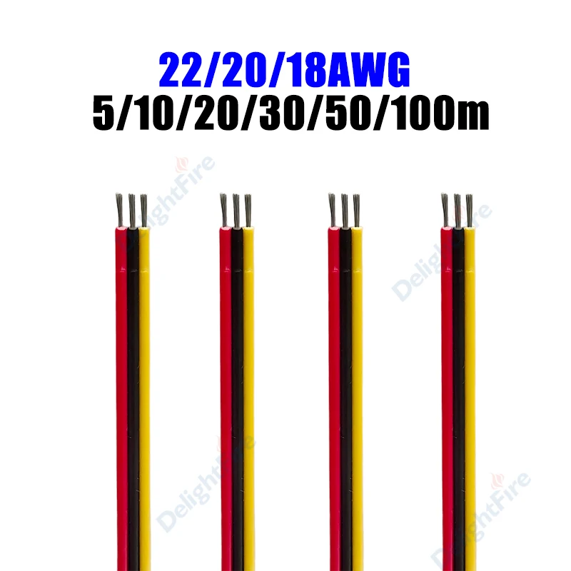 3Pin Electrical Cable Tinned Copper 5/10/20/30/50/100m 18 20 22 AWG LED Extension Wires For WS2811 WS2812B LED Strip Lights