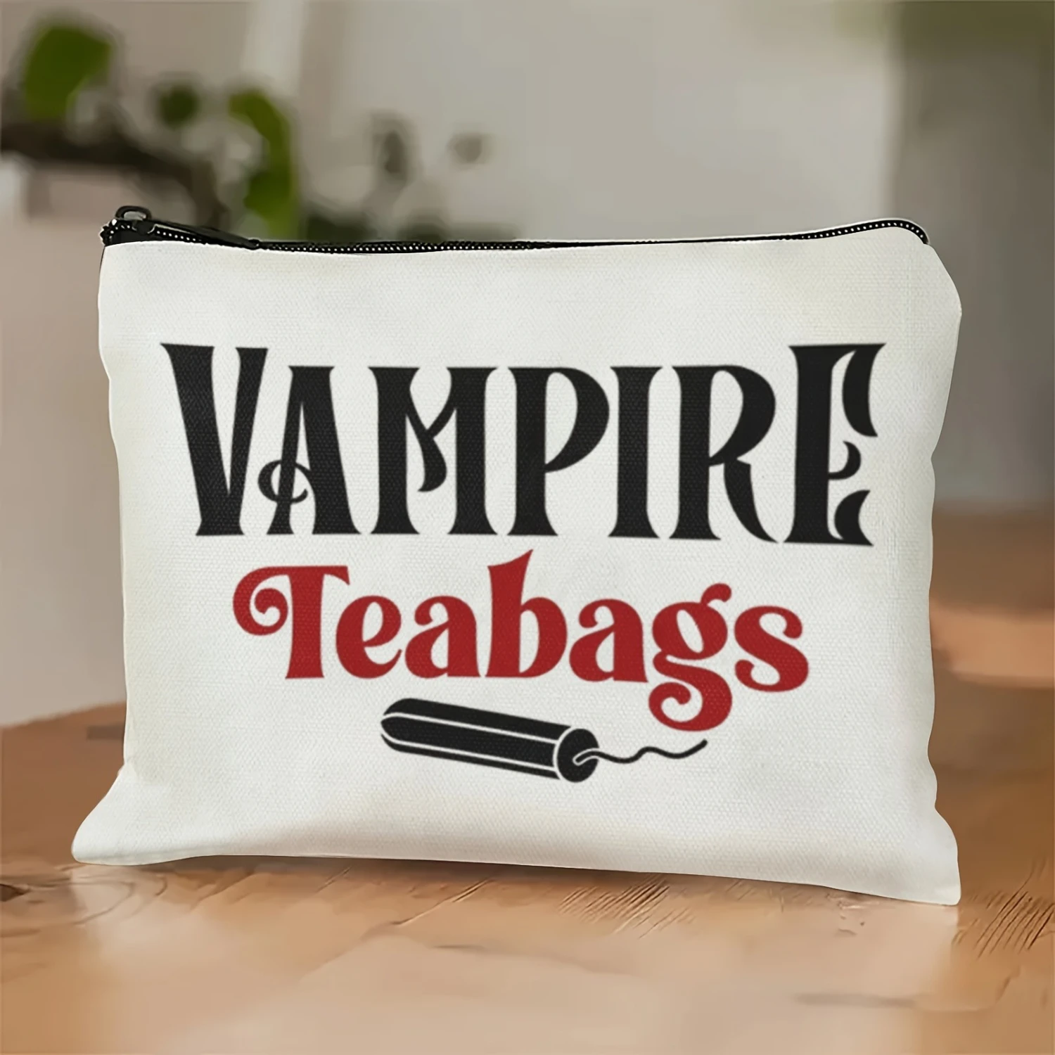 Vampire Tea Bag Menstrual Pouch, Linen Makeup Bag - A Humorous Women'S Period Bag with Bold Red and Black Letters