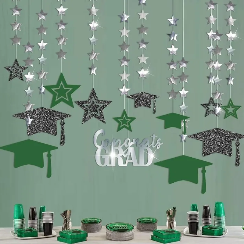 

13Pcs Green Graduation Party Decorations Black Cap Decor Congrats Grad Banner Star Hat Garland Backdrop for Ceiling Classroom