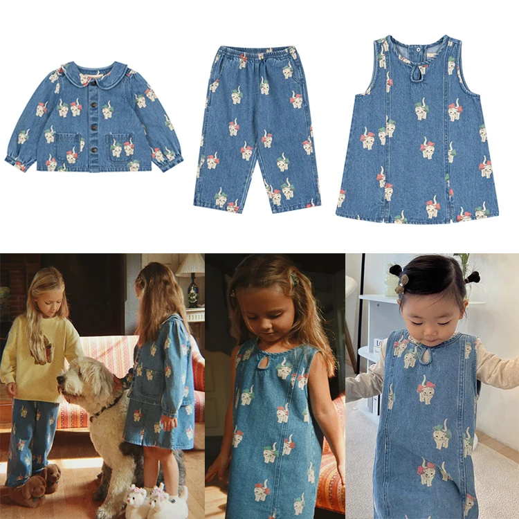KS 2026 Spring Kids Baby Denim Sweaters Trousers Set Sleeveless Overalls Cartoon Cat Print Jeans Braces Jacket Boys Girl Causal