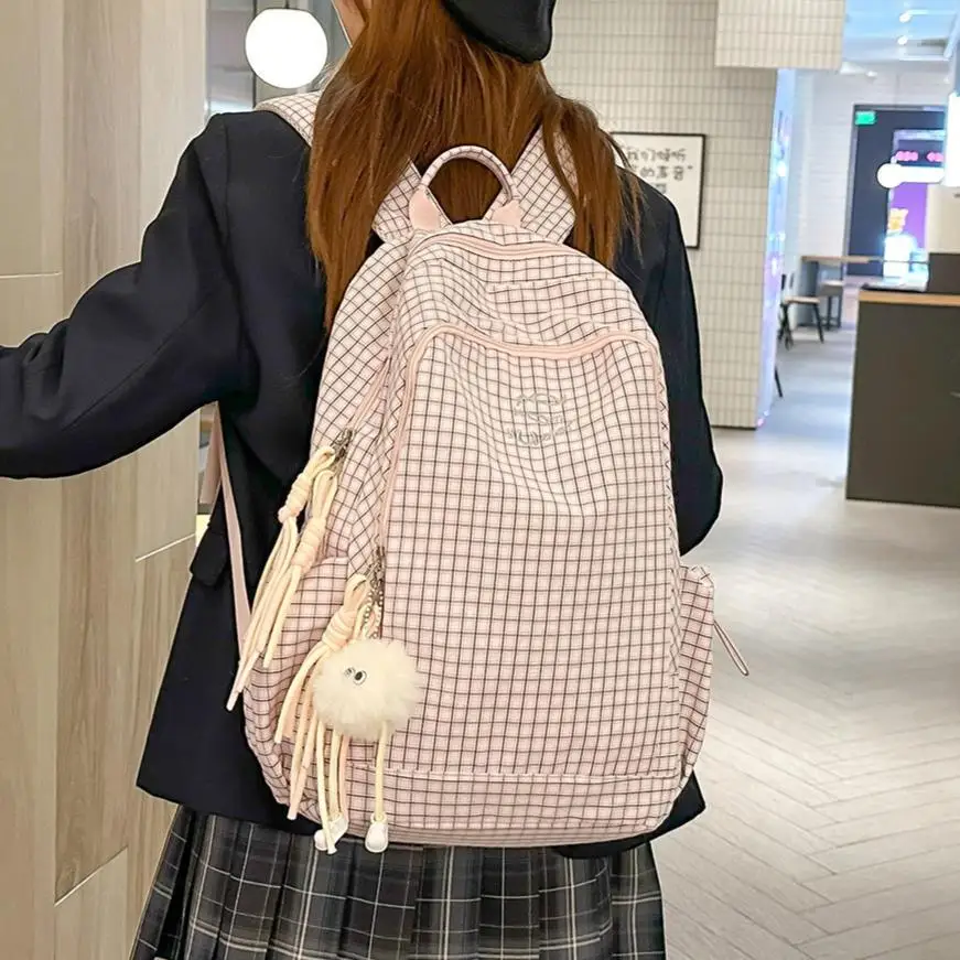 

Korean Plaid Drawstring Large Capaci Student Commuter Backpack Lightweight Nylon Bookbag Casual Bucket Shape Zipper Dark Bag