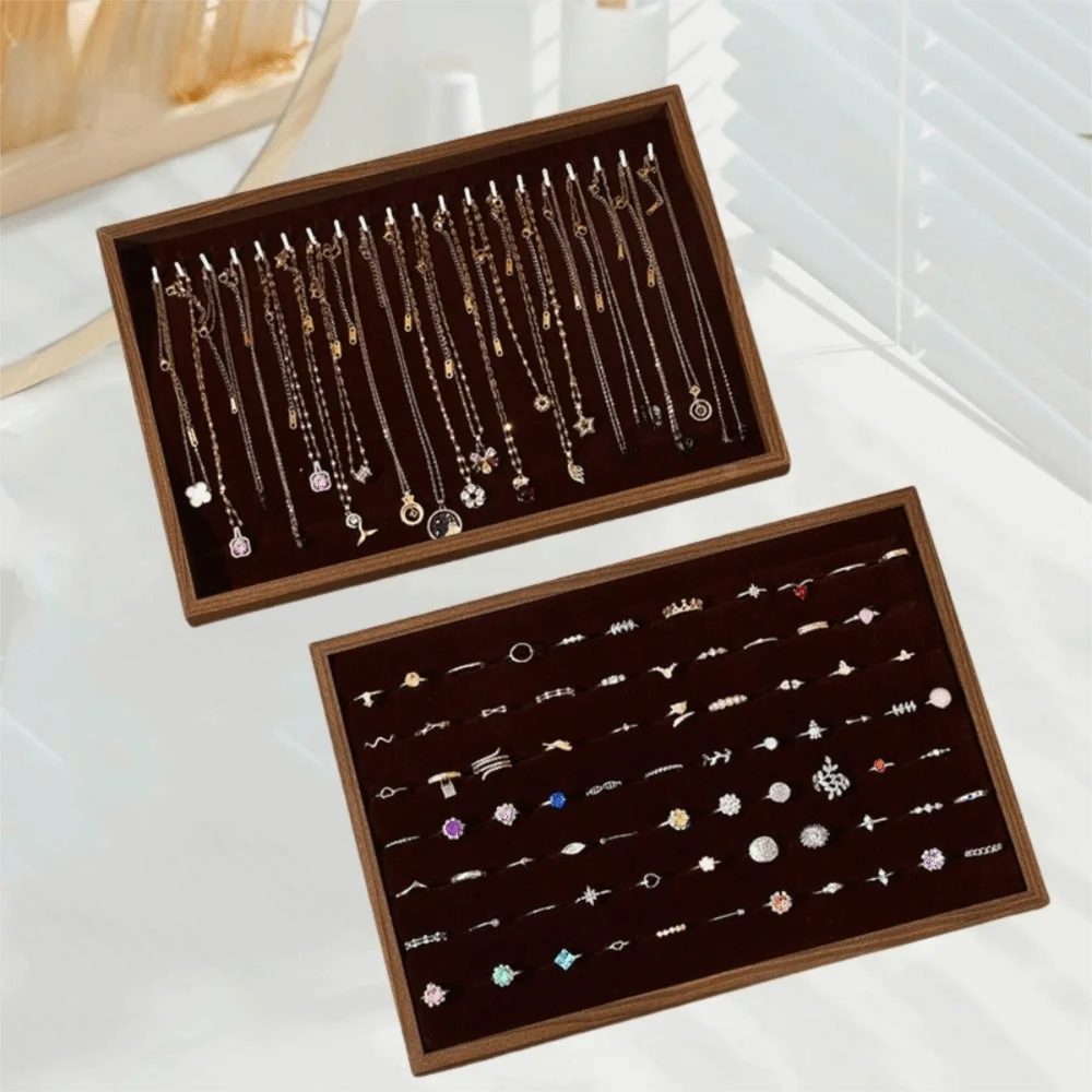 

Stackable Jewelry Display Tray Flat Bottom Multi Compartments Wood Velvet Jewelry Pallet Wear-resistant Space Saving