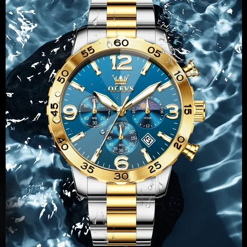 OLEVS 3678 Men Watch Luxury Automatic Date Waterproof Luminous Stainless Steel Chronograph Moon Phase Sports Men Quartz Watch