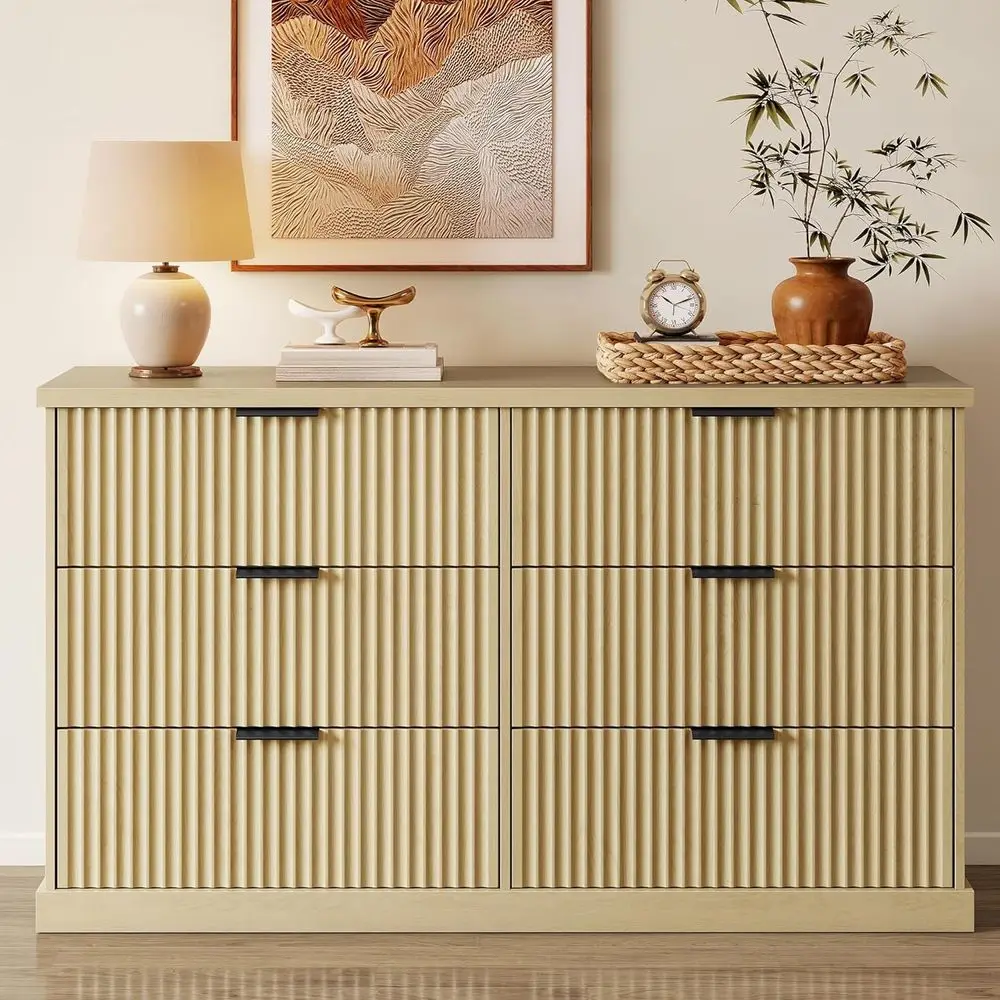 6-Drawer Double Dresser, 54.2 Wide, Oak Beige Finish, Bedroom Storage, Living Room TV Stand