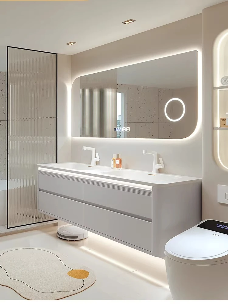 

Комплект мебели для ванной комнаты: тумба из дуба в кремовом стиле с интегрированной раковиной Corian, арочная раковина для ванной.