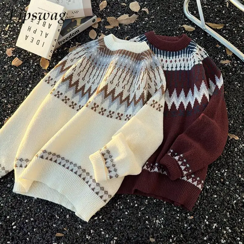 

Trendy Mens Crew Neck Sweaters Fall Winter Stylish Pattern Jacquard Pullover Tops Men Vintage Long Sleeve Slim Knitted Sweater