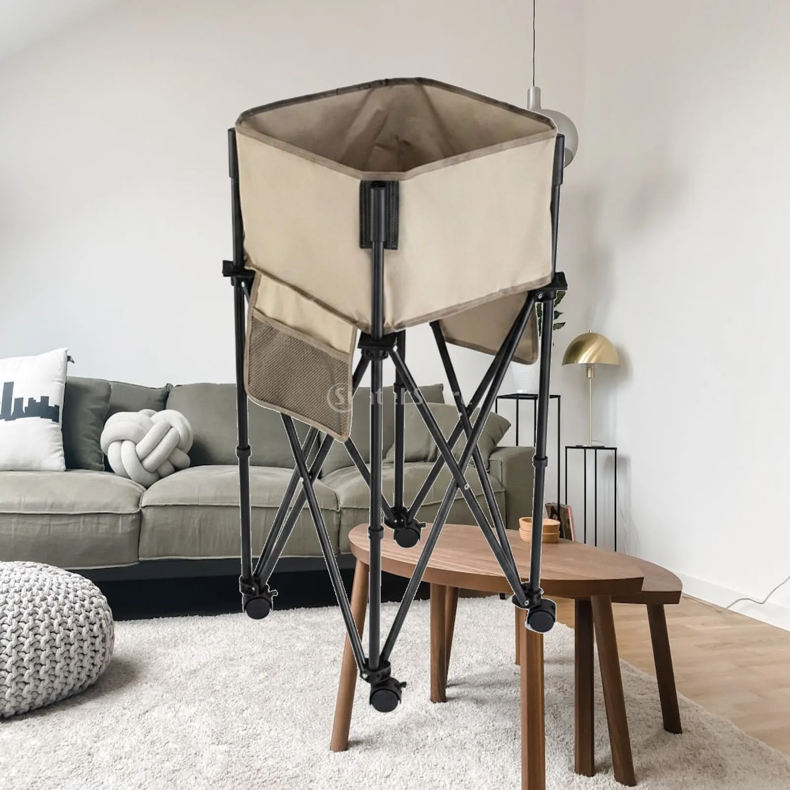Portable Folding Shelf with Textile Storage Basket Metal Support Craft Storage Organizer for Patio and Living Room