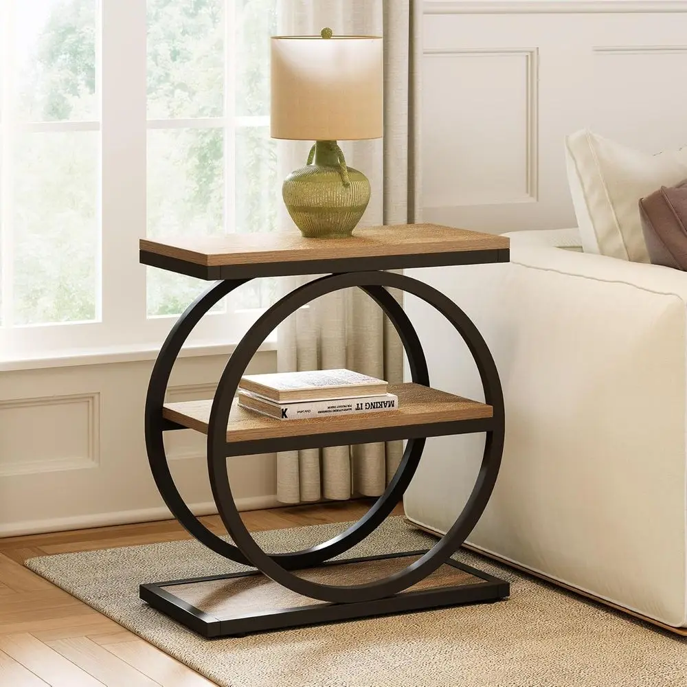 

Three-Tier Wooden Side Table with Storage Shelves and Metal Legs for Living Room