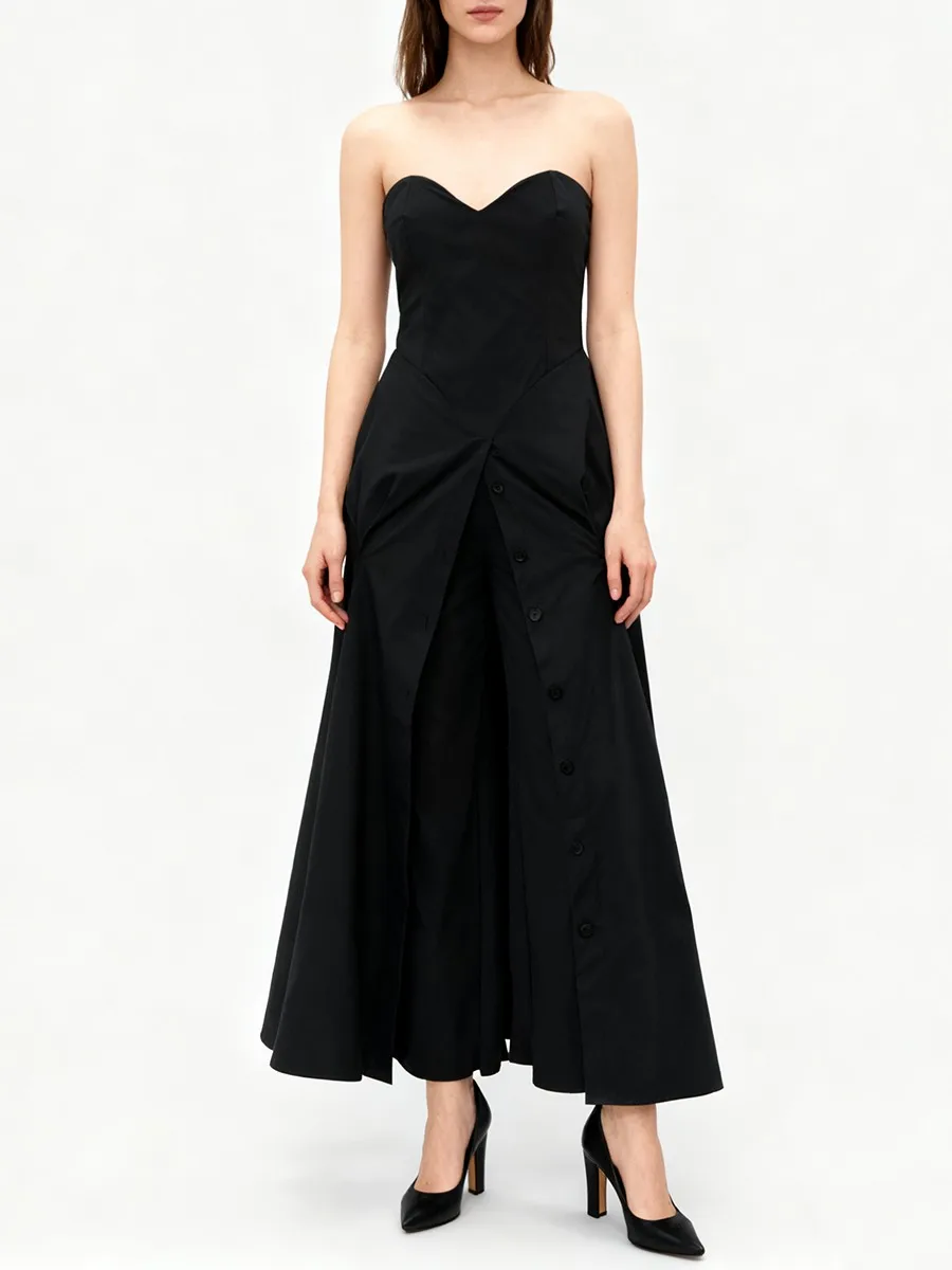 TWOTWINSTYLE Solid Slimming Spliced Single Breasted Jumpsuits for Women Strapless Sleeveless Design Sense Jumpsuit Female New