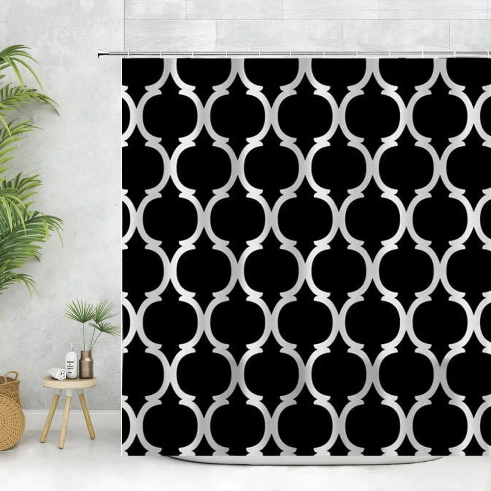 Black Morocco Geometry Shower Curtain Simple Graphic Home Bathroom Decorative Polyester Fabric Bath Curtain Washable with Hooks