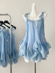 Summer French Vintage Mini Spaghetti Strap Dress With Shorts Women Party Halter Frocks Coquette Gyaru 2000s Aesthetic Evening