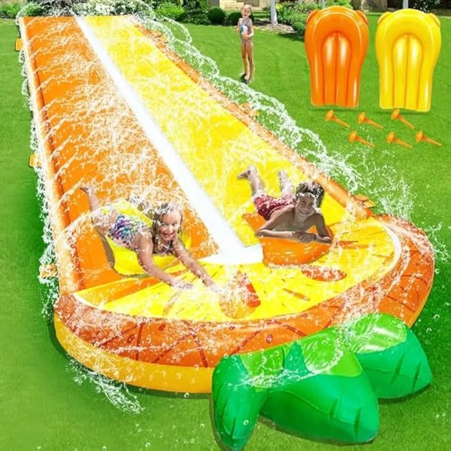 

[ 3 Sided Safe Fence ] Pineapple Lawn Water Slides with 2 Bodyboards for Adults Heavy Duty Water Toys Sprinkler 2 Race Lane Out