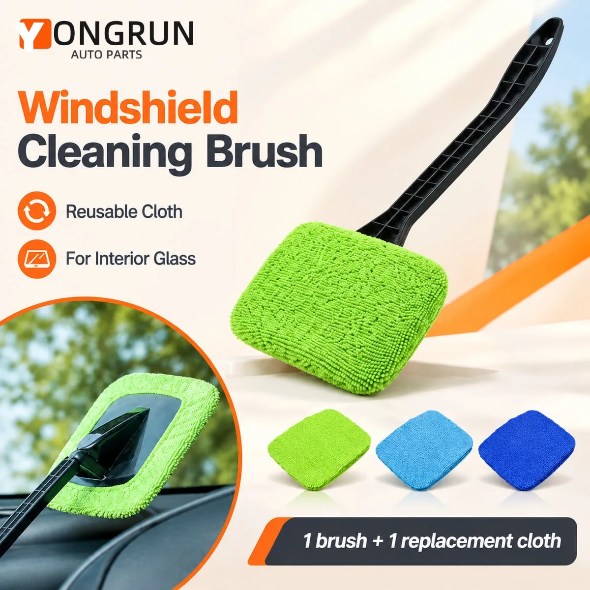 YONGRUN Auto Windshield Cleaning Brush Long Reach Microfiber Glass Cleaner Tool for Car Windows Dashboard Interior Detailing