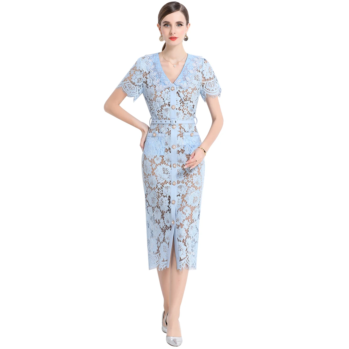 ダイヤモンド刺embroideryの女性用半袖イブニングドレス,ペンシルドレス,ミドル丈,パーティードレス,ウエディング,夏休み,ビーズ,高品質