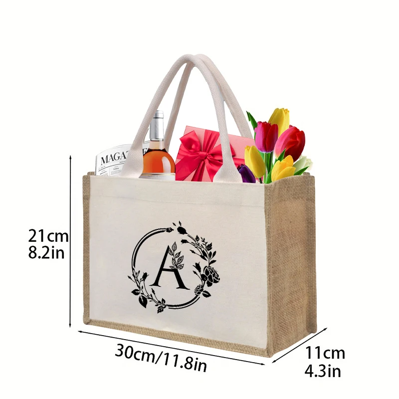 26 English letters in the shape of leaves Printed linen Canvas Handbag With Waterproof Material Inside Storage Bag Travel Bag